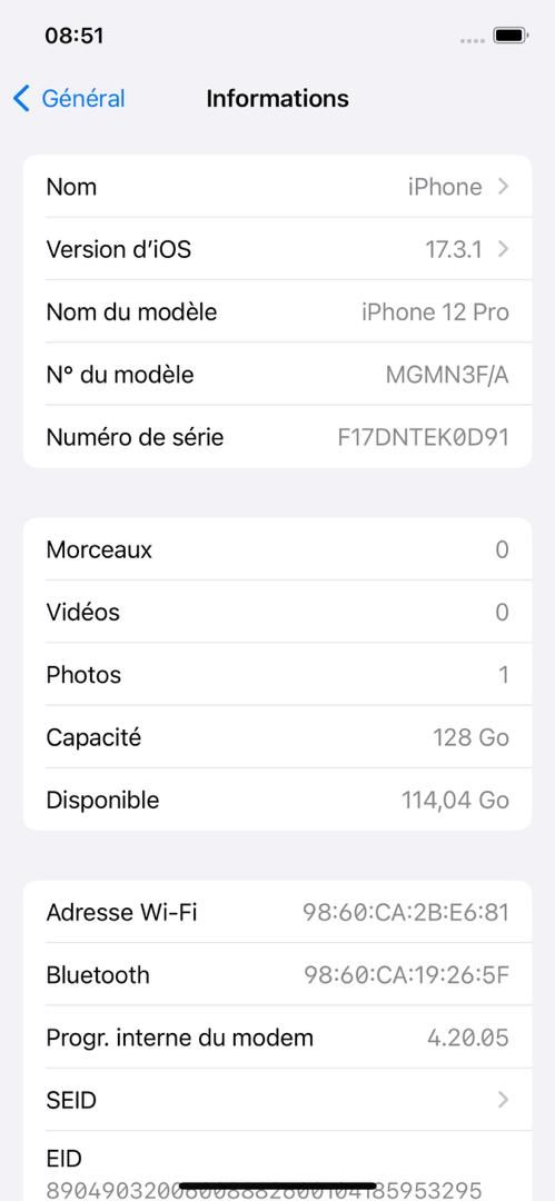 iPhone 12pro mémoire 128go
