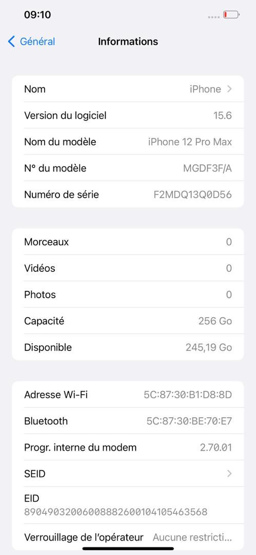 iPhone 12pro max mémoire 256go